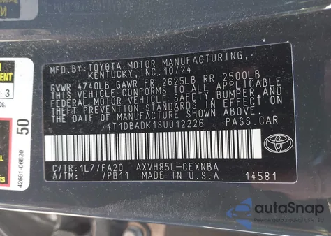 2025 Toyota Camry Le из США, поврежденный, VIN 4T1DBADK1SU012226